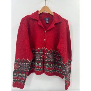 Hunt Club Women Size XL Vintage Red Wool Blend Fair Isle Cardigan Sweater